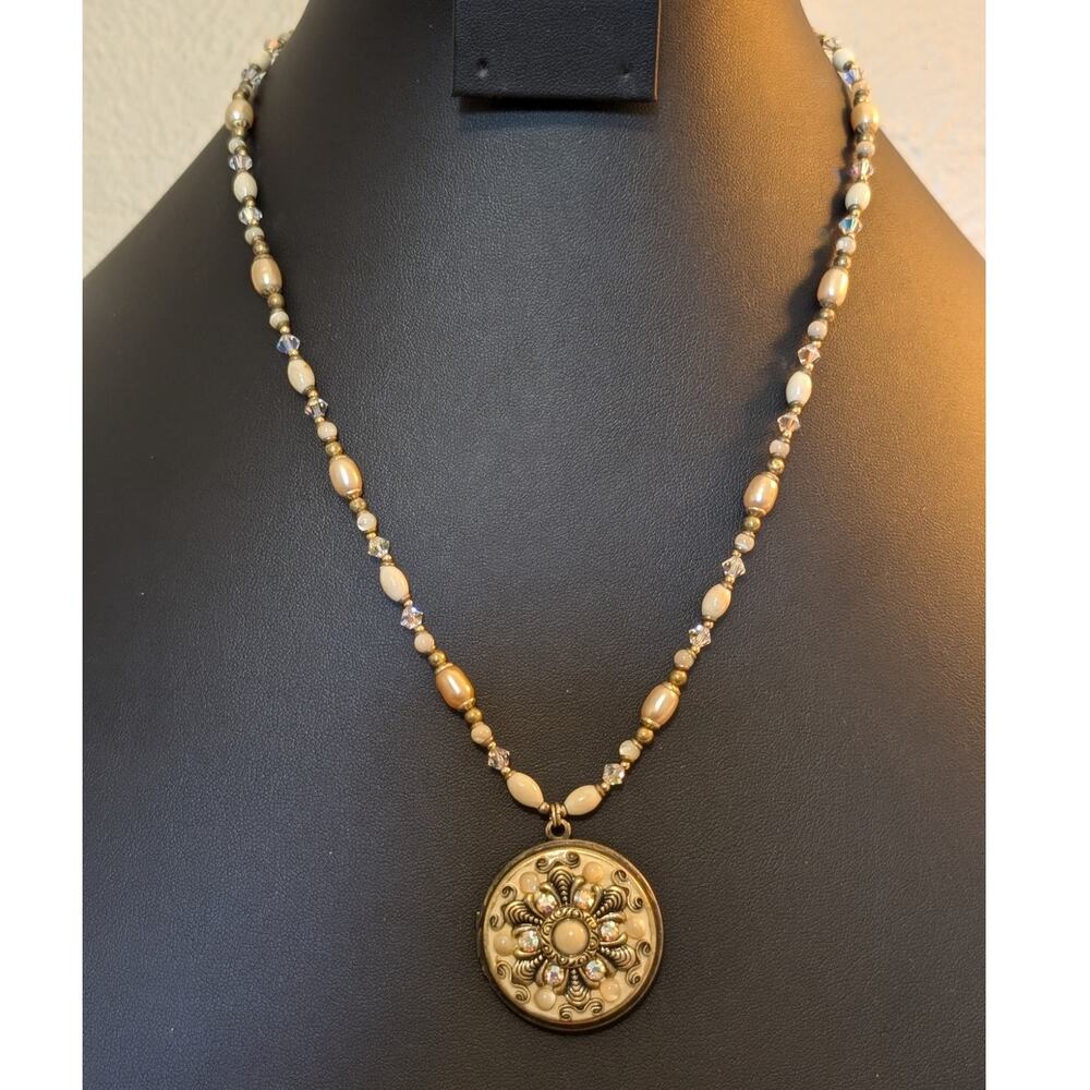 Signed Michal Golan Pearl Crystal Victorian Locket 18"-21.5" Necklace
